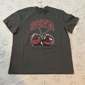 Ganni Gray Short-Sleeve Shirt With Cherry Print